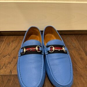 Gucci Blue Leather Loafers with Silver and Red Accents